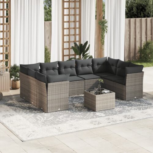 10-Piece Garden Sofa Set with Cushions Grey Poly Rattan Wicker Outdoor Patio Furniture - Image 2