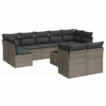 10-Piece Garden Sofa Set with Cushions Grey Poly Rattan Wicker Outdoor Patio Furniture