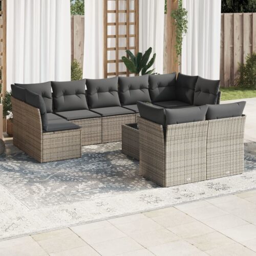 10-Piece Garden Sofa Set with Cushions Grey Poly Rattan Wicker Outdoor Patio Furniture - Image 2