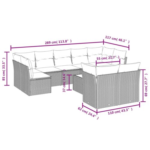 10-Piece Garden Sofa Set with Cushions Grey Poly Rattan Wicker Outdoor Patio Furniture - Image 3