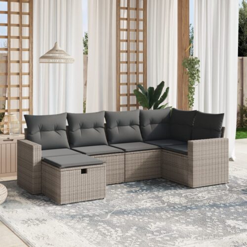 6-Piece Garden Sofa Set with Cushions Grey Poly Rattan Wicker Outdoor Patio Furniture - Image 2