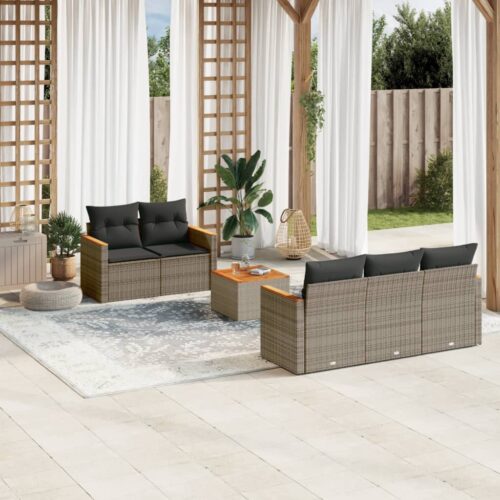 6-Piece Garden Sofa Set with Cushions Grey Poly Rattan Wicker Outdoor Patio Furniture - Image 2