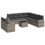 10-Piece Garden Sofa Set with Cushions Grey Poly Rattan Wicker Outdoor Patio Furniture
