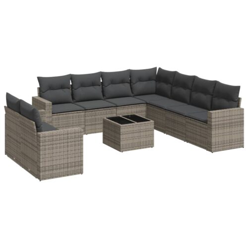 10-Piece Garden Sofa Set with Cushions Grey Poly Rattan Wicker Outdoor Patio Furniture