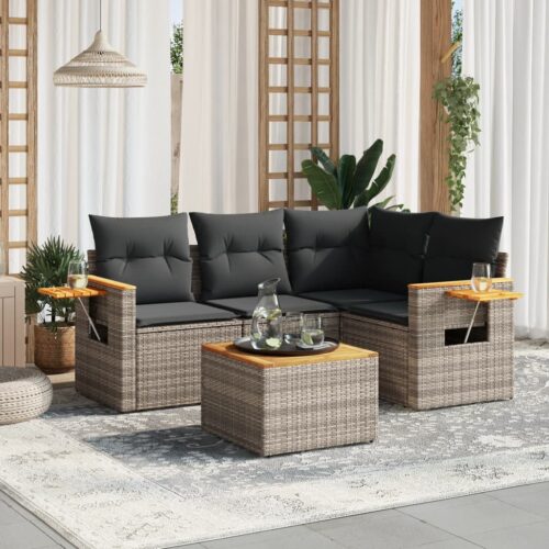 5-Piece Garden Sofa Set with Cushions Grey Poly Rattan Wicker Outdoor Patio Furniture - Image 2