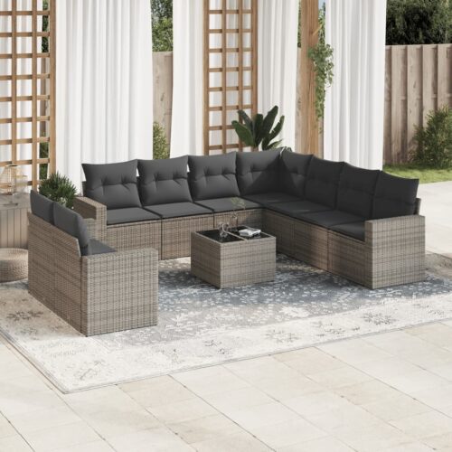10-Piece Garden Sofa Set with Cushions Grey Poly Rattan Wicker Outdoor Patio Furniture - Image 2
