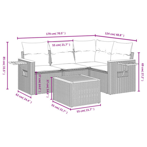 5-Piece Garden Sofa Set with Cushions Grey Poly Rattan Wicker Outdoor Patio Furniture - Image 3