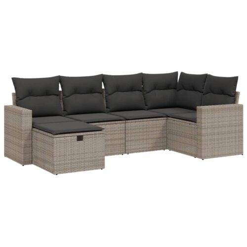 6-Piece Garden Sofa Set with Cushions Grey Poly Rattan Wicker Outdoor Patio Furniture - Image 6