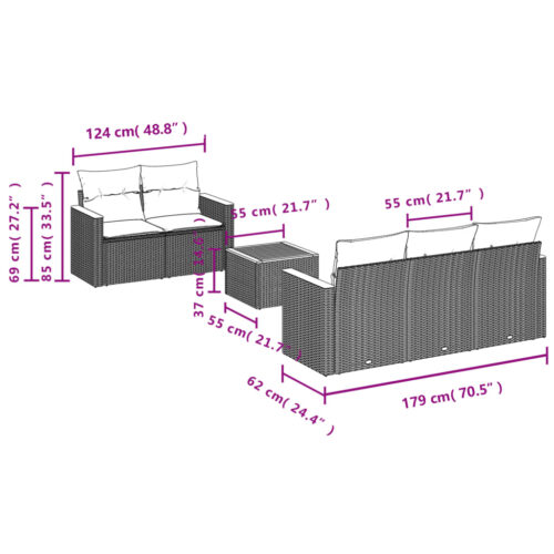 6-Piece Garden Sofa Set with Cushions Grey Poly Rattan Wicker Outdoor Patio Furniture - Image 7