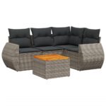5-Piece Garden Sofa Set with Cushions Grey Poly Rattan Wicker Outdoor Patio Furniture