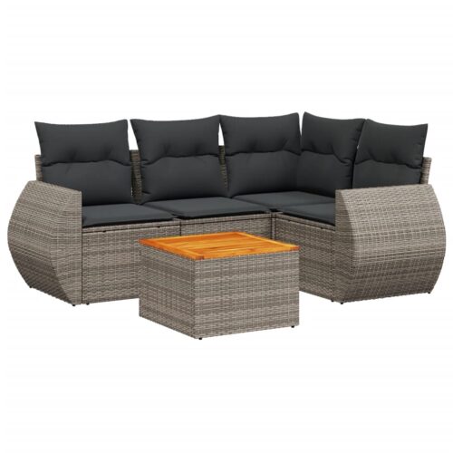 5-Piece Garden Sofa Set with Cushions Grey Poly Rattan Wicker Outdoor Patio Furniture