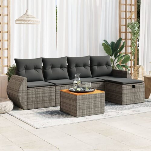 6-Piece Garden Sofa Set with Cushions Grey Poly Rattan Wicker Outdoor Patio Furniture - Image 2