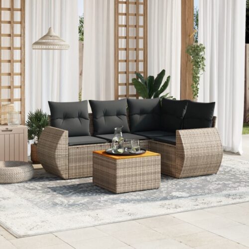 5-Piece Garden Sofa Set with Cushions Grey Poly Rattan Wicker Outdoor Patio Furniture - Image 2