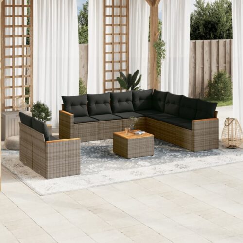 10-Piece Garden Sofa Set with Cushions Grey Poly Rattan Wicker Outdoor Patio Furniture - Image 2