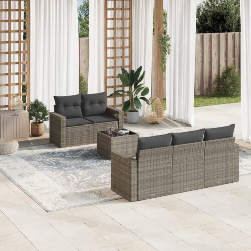 6-Piece Garden Sofa Set with Cushions Grey Poly Rattan Wicker Outdoor Patio Furniture - Image 2