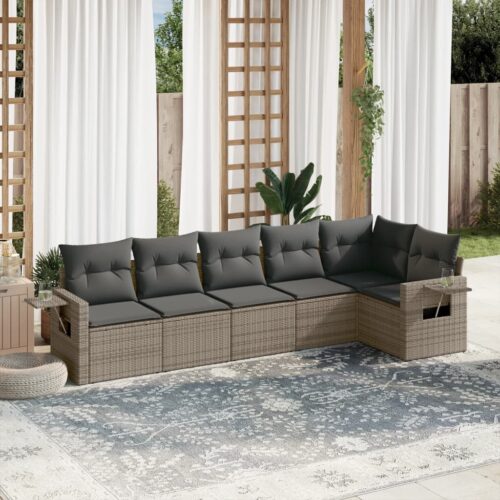 6-Piece Garden Sofa Set with Cushions Grey Poly Rattan Wicker Outdoor Patio Furniture - Image 2