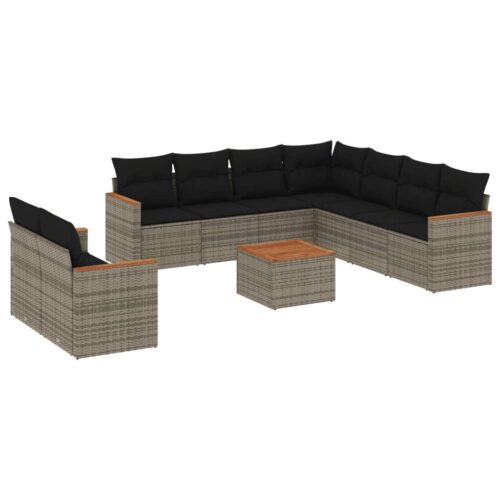 10-Piece Garden Sofa Set with Cushions Grey Poly Rattan Wicker Outdoor Patio Furniture - Image 14