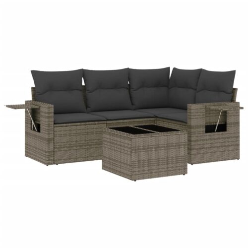 5-Piece Garden Sofa Set with Cushions Grey Poly Rattan Wicker Outdoor Patio Furniture
