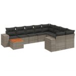 10-Piece Garden Sofa Set with Cushions Grey Poly Rattan Wicker Outdoor Patio Furniture