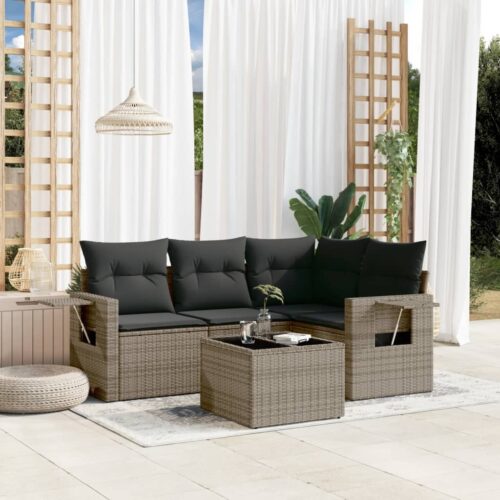 5-Piece Garden Sofa Set with Cushions Grey Poly Rattan Wicker Outdoor Patio Furniture - Image 2