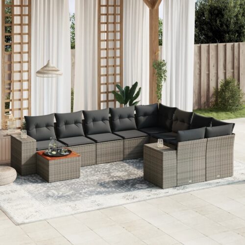 10-Piece Garden Sofa Set with Cushions Grey Poly Rattan Wicker Outdoor Patio Furniture - Image 2