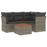 5-Piece Garden Sofa Set with Cushions Grey Poly Rattan Wicker Outdoor Patio Furniture