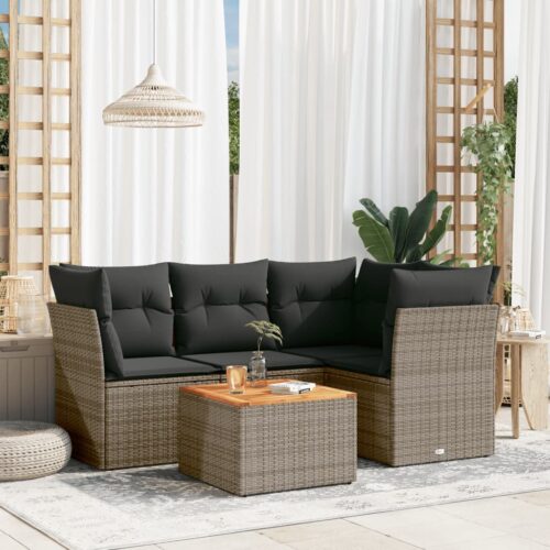 5-Piece Garden Sofa Set with Cushions Grey Poly Rattan Wicker Outdoor Patio Furniture - Image 2