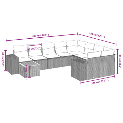 10-Piece Garden Sofa Set with Cushions Grey Poly Rattan Wicker Outdoor Patio Furniture - Image 8