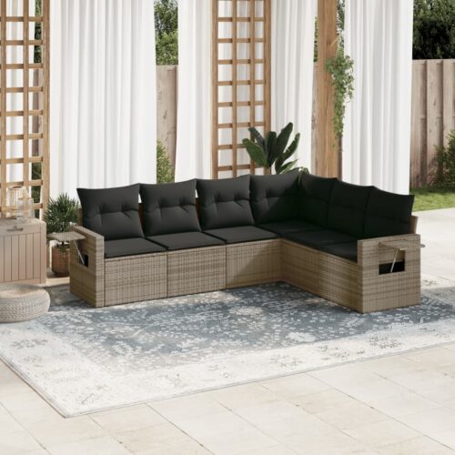 6-Piece Garden Sofa Set with Cushions Grey Poly Rattan Wicker Outdoor Patio Furniture - Image 2