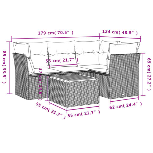 5-Piece Garden Sofa Set with Cushions Grey Poly Rattan Wicker Outdoor Patio Furniture - Image 7