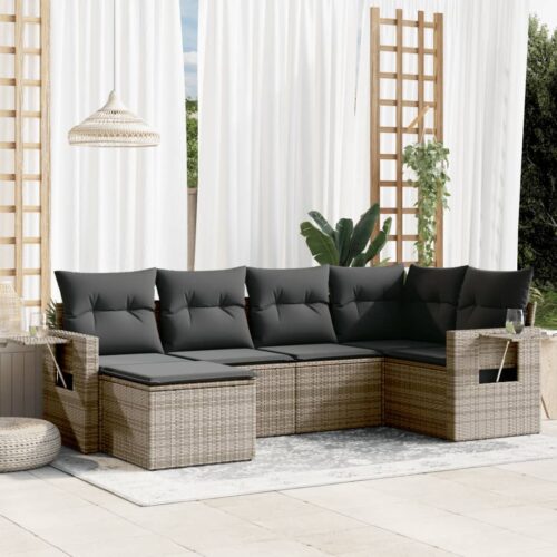 6-Piece Garden Sofa Set with Cushions Grey Poly Rattan Wicker Outdoor Patio Furniture - Image 2