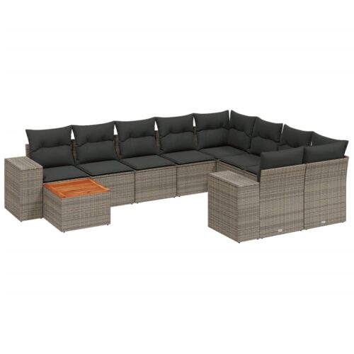 10-Piece Garden Sofa Set with Cushions Grey Poly Rattan Wicker Outdoor Patio Furniture - Image 14