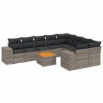 10-Piece Garden Sofa Set with Cushions Grey Poly Rattan Wicker Outdoor Patio Furniture