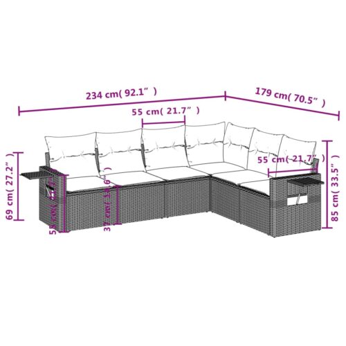 6-Piece Garden Sofa Set with Cushions Grey Poly Rattan Wicker Outdoor Patio Furniture - Image 8