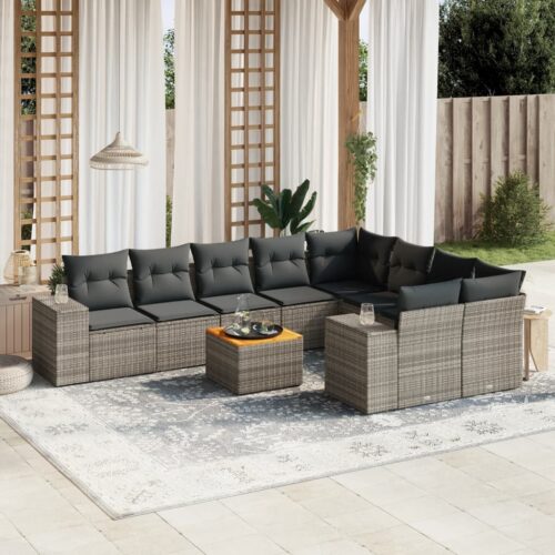 10-Piece Garden Sofa Set with Cushions Grey Poly Rattan Wicker Outdoor Patio Furniture - Image 2