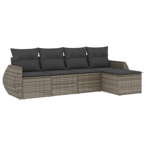 5-Piece Garden Sofa Set with Cushions Grey Poly Rattan Wicker Outdoor Patio Furniture