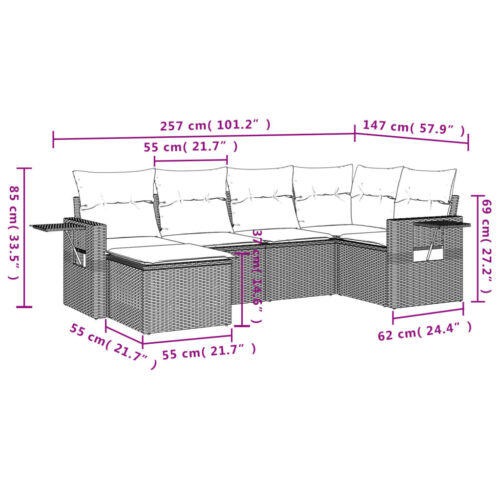 6-Piece Garden Sofa Set with Cushions Grey Poly Rattan Wicker Outdoor Patio Furniture - Image 9