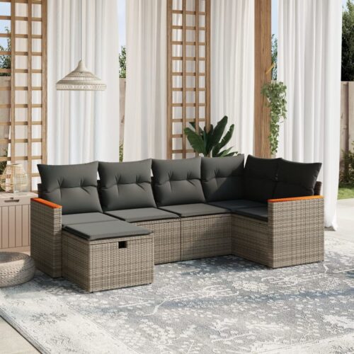 6-Piece Garden Sofa Set with Cushions Grey Poly Rattan Wicker Outdoor Patio Furniture - Image 2