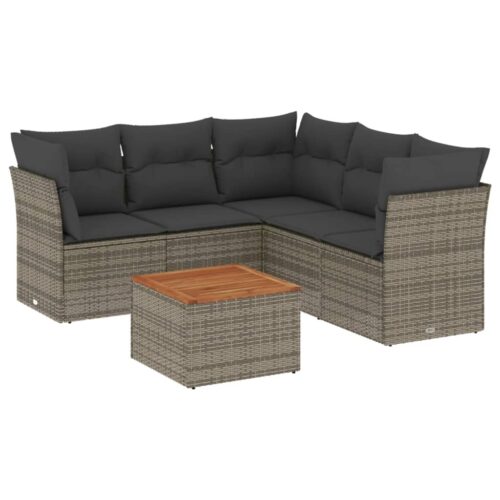 6-Piece Garden Sofa Set with Cushions Grey Poly Rattan Wicker Outdoor Patio Furniture