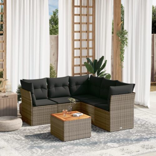 6-Piece Garden Sofa Set with Cushions Grey Poly Rattan Wicker Outdoor Patio Furniture - Image 2