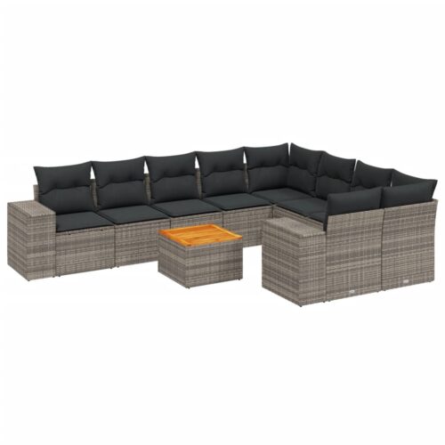 10-Piece Garden Sofa Set with Cushions Grey Poly Rattan Wicker Outdoor Patio Furniture - Image 12