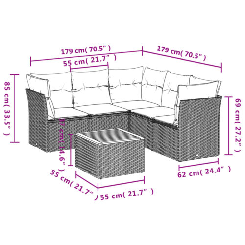 6-Piece Garden Sofa Set with Cushions Grey Poly Rattan Wicker Outdoor Patio Furniture - Image 3