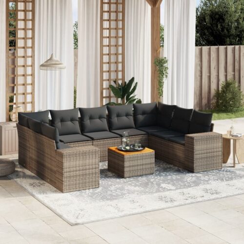 10-Piece Garden Sofa Set with Cushions Grey Poly Rattan Wicker Outdoor Patio Furniture - Image 2