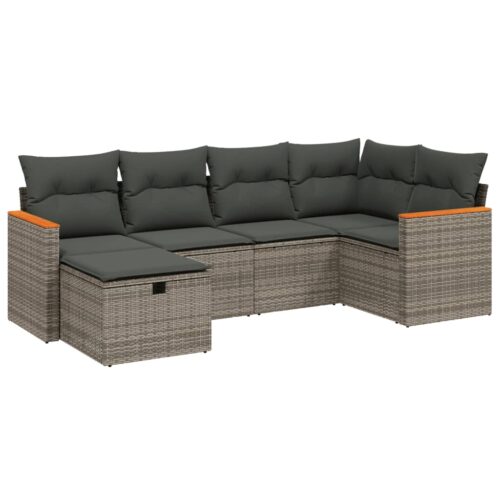 6-Piece Garden Sofa Set with Cushions Grey Poly Rattan Wicker Outdoor Patio Furniture - Image 6