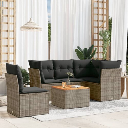 6-Piece Garden Sofa Set with Cushions Grey Poly Rattan Wicker Outdoor Patio Furniture - Image 2