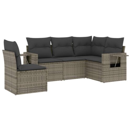 5-Piece Garden Sofa Set with Cushions Grey Poly Rattan Wicker Outdoor Patio Furniture