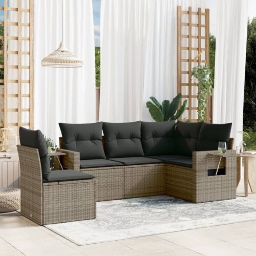 5-Piece Garden Sofa Set with Cushions Grey Poly Rattan Wicker Outdoor Patio Furniture - Image 2