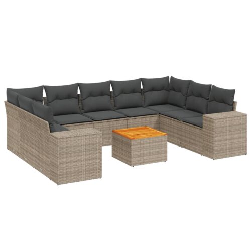 10-Piece Garden Sofa Set with Cushions Grey Poly Rattan Wicker Outdoor Patio Furniture - Image 14