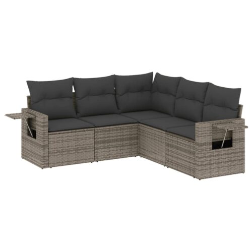 5-Piece Garden Sofa Set with Cushions Grey Poly Rattan Wicker Outdoor Patio Furniture