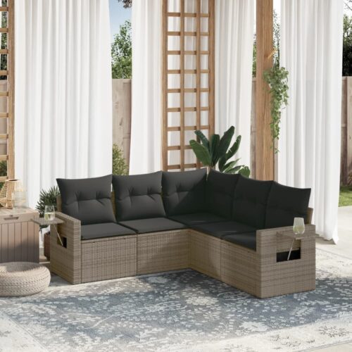 5-Piece Garden Sofa Set with Cushions Grey Poly Rattan Wicker Outdoor Patio Furniture - Image 2